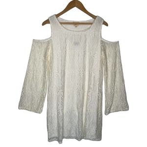 New Ultra Flirt Dress Womens 1X Lace Overlay Cold Shoulder Long Sleeve Ivory